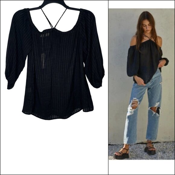 By Together Blouse Size Small Halter Off Shoulder 3/4 Sleeves Sheer Loose Fit - Picture 1 of 8